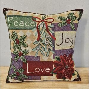 Christmas Peace Love Joy Tapestry Pillow Holiday Poinsettia Mistletoe